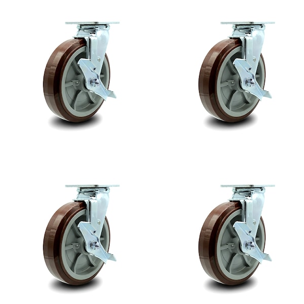 8 Inch Polyurethane Caster Set with Roller Bearings and Brake/Swivel Lock SCC